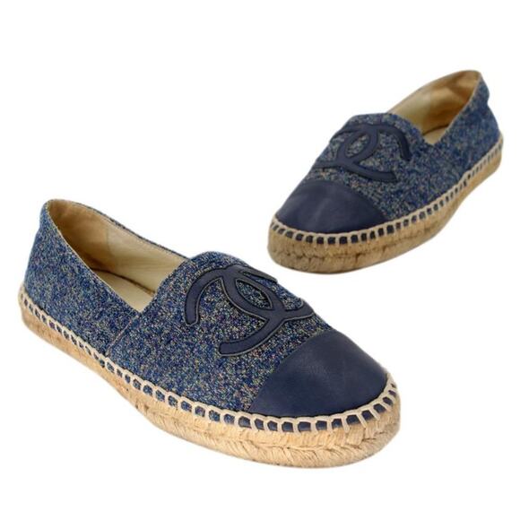 Chanel Espadrille 38 Wool Blue Tweed Cap Toe Cc Sandals CC-S0207P-C038 - Picture 2 of 11